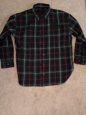 Ralph Lauren Black, Green & Red Plaid Button-Down Shirt Sequin LRL Logo Front